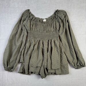 Urban Outfitters Olive‎ Green Clip Dot Smocked Waist Long Sleeve Romper Womens S